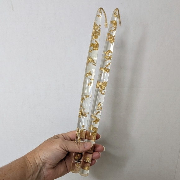 Vintage Lucite Acrylic Clear Gold Fleck Pair Taper Candlesticks Set Of 2 MCM - Picture 1 of 10